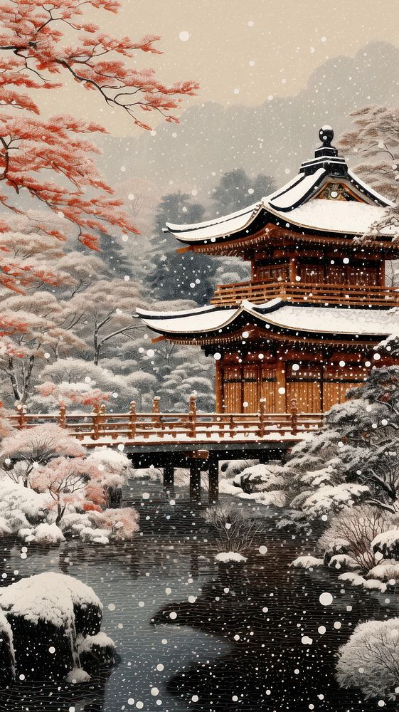 Illustration of a snowing in japan architecture building outdoors.