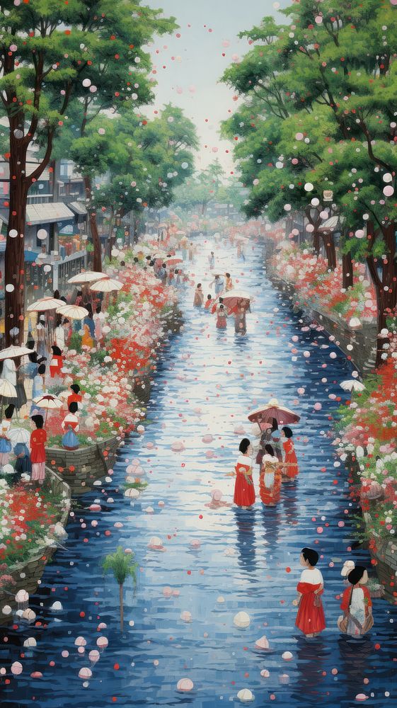 Illustration of a summer river festive in japan painting outdoors street.