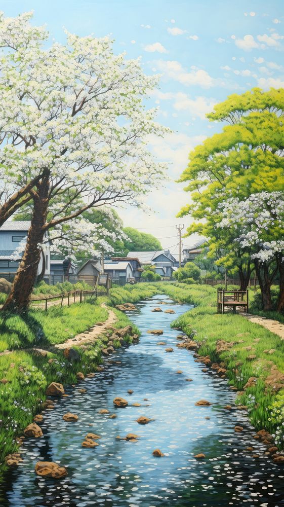 Illustration of a summer river in japan landscape architecture outdoors.