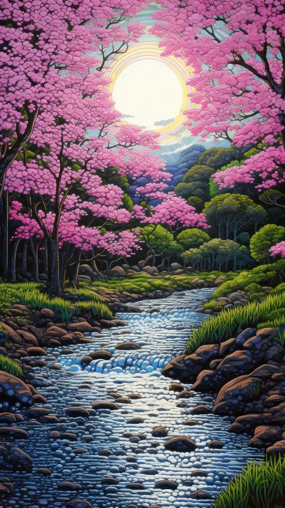 Illustration of a summer river in japan landscape outdoors nature.