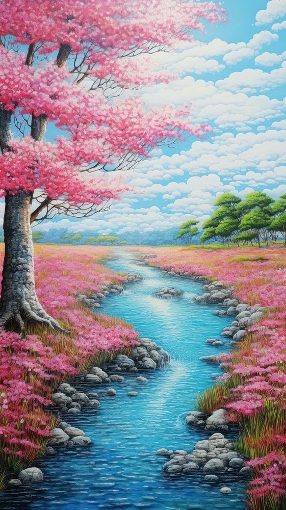 Illustration of a summer river in japan landscape painting outdoors.