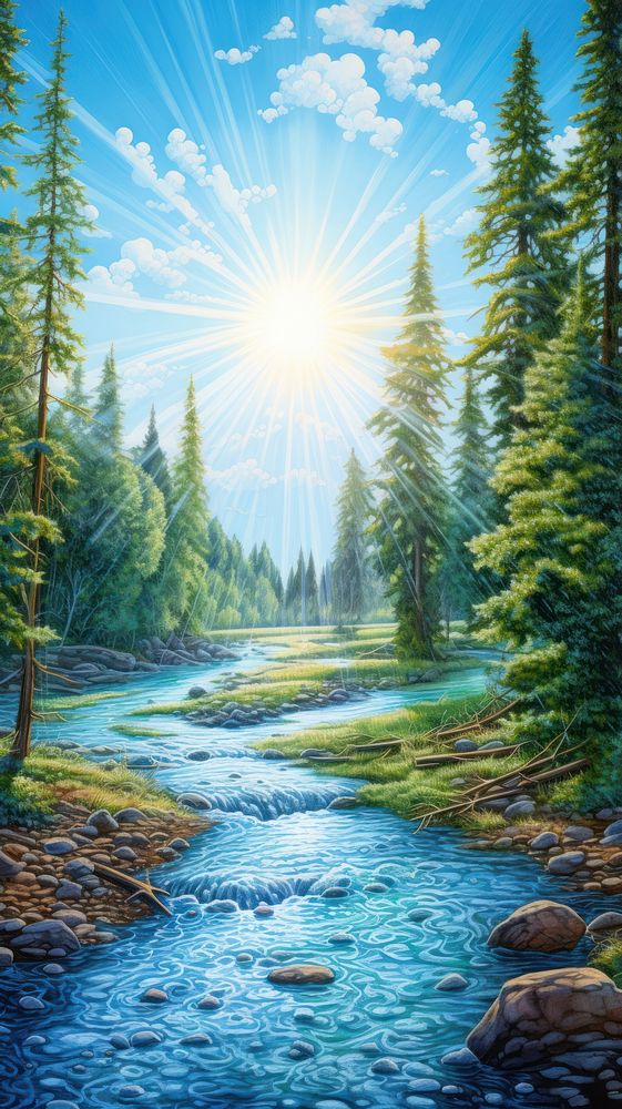 Illustration of a summer river landscape wilderness sunlight.