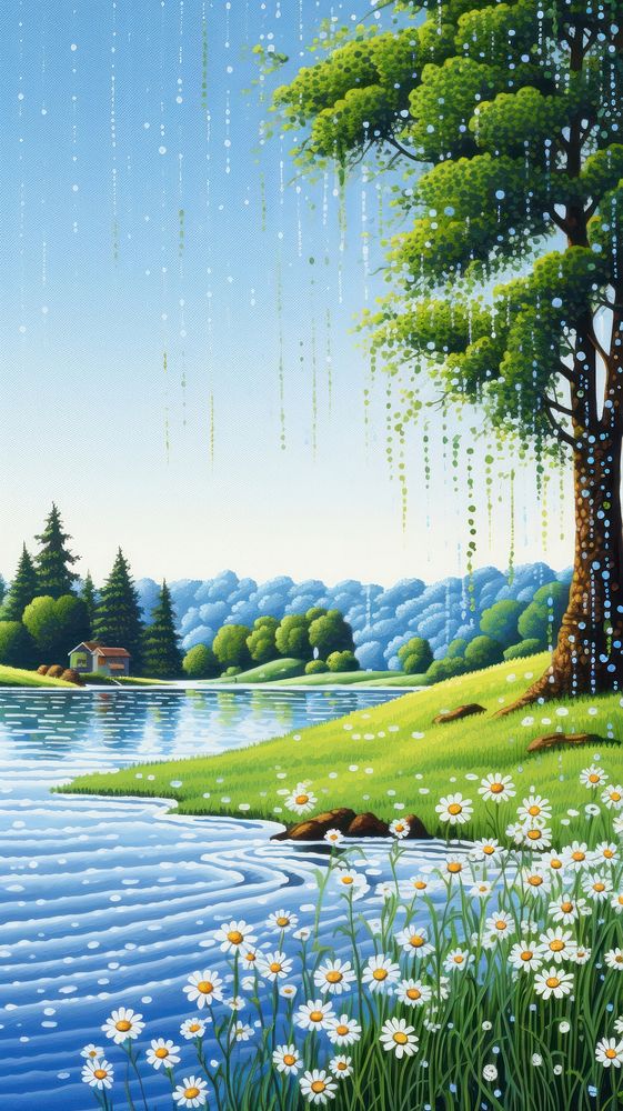 Illustration of a summer river landscape outdoors painting.