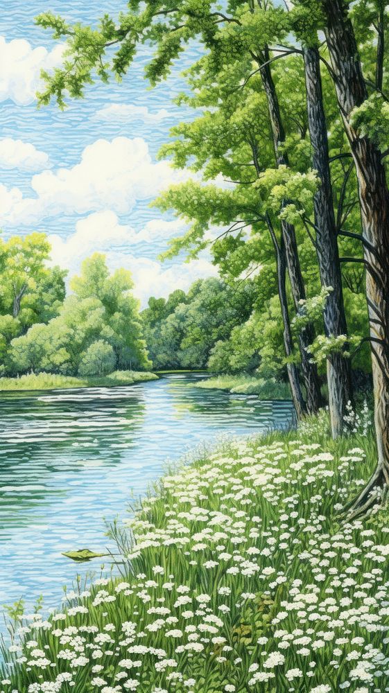 Illustration of a summer river landscape outdoors woodland.