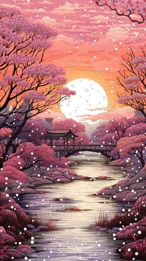Illustration of a river festive in japan landscape outdoors painting.