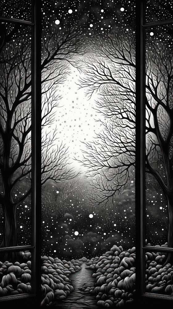 Illustration of a window painting nature night.