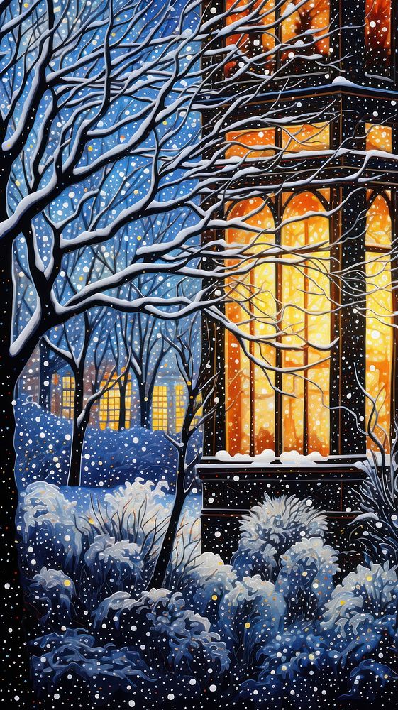 Illustration of a window painting outdoors winter.