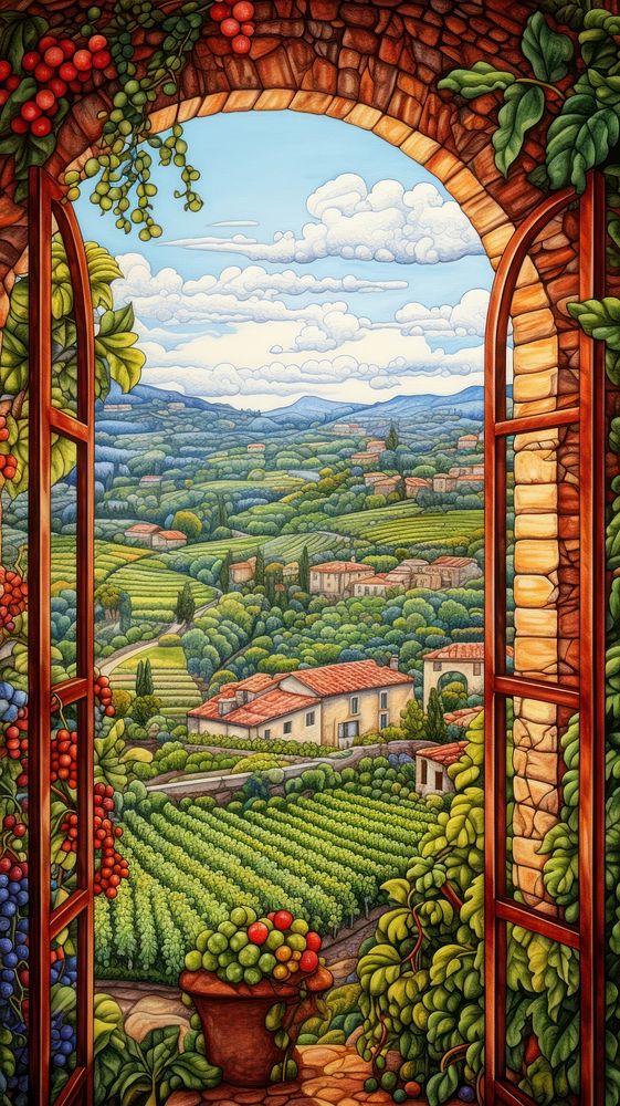 Illustration of a window painting landscape outdoors.