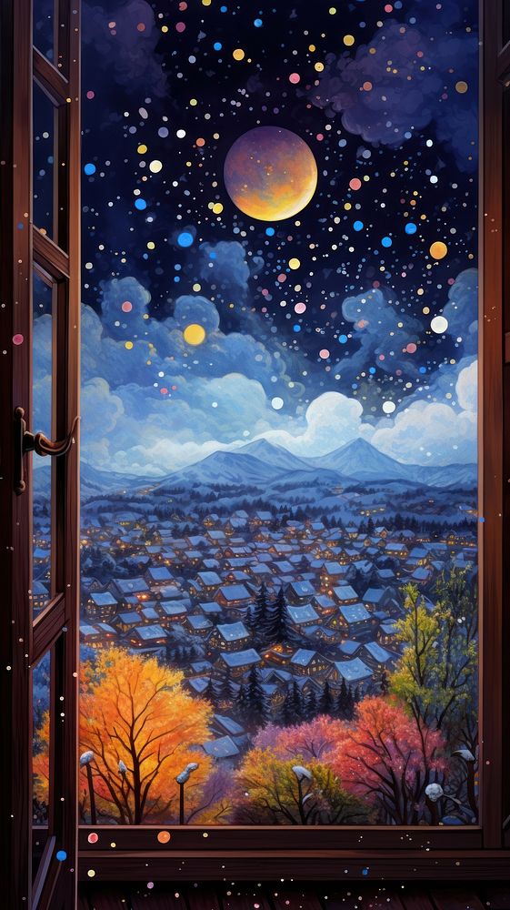 Illustration of a window painting landscape astronomy.