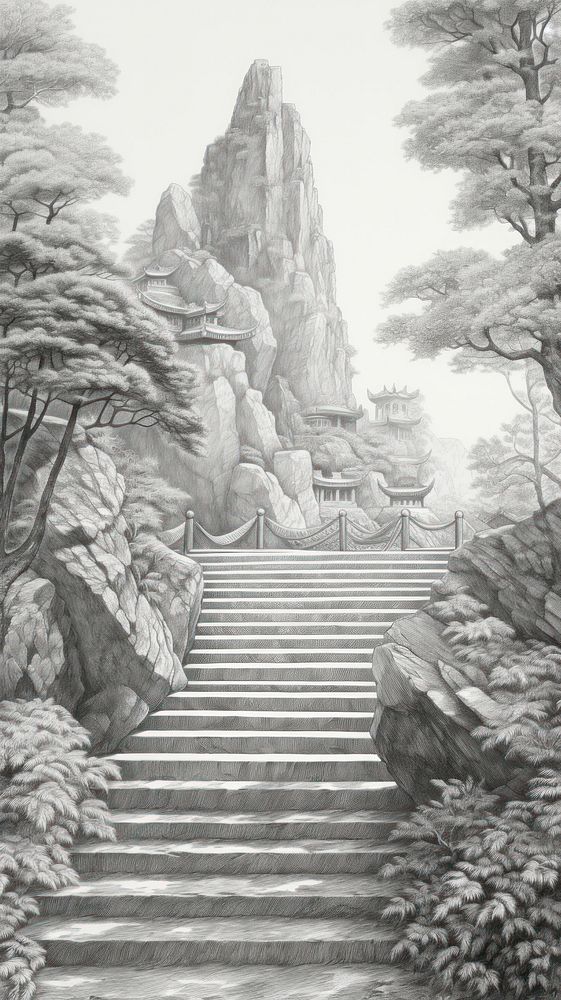 Illustration of a view point in China architecture staircase painting.