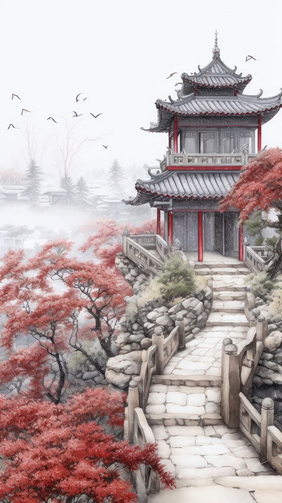 Illustration of a view point in China architecture building mansion.