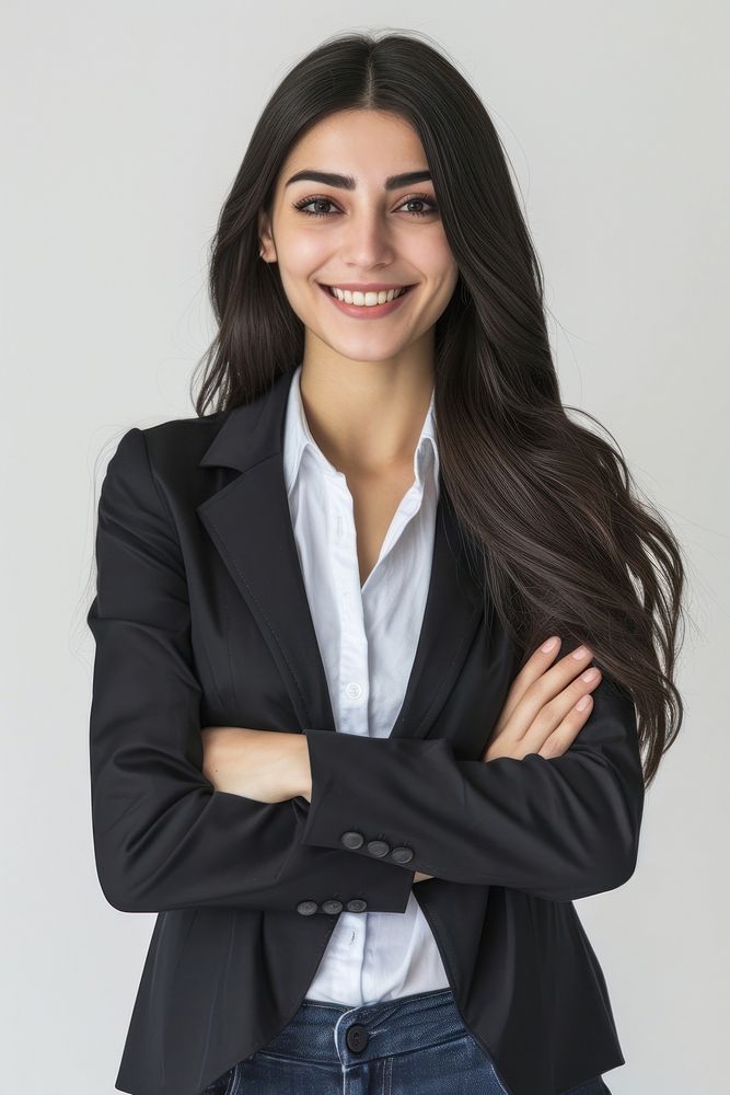 Iranian businesswoman professional smile white background hairstyle outerwear.