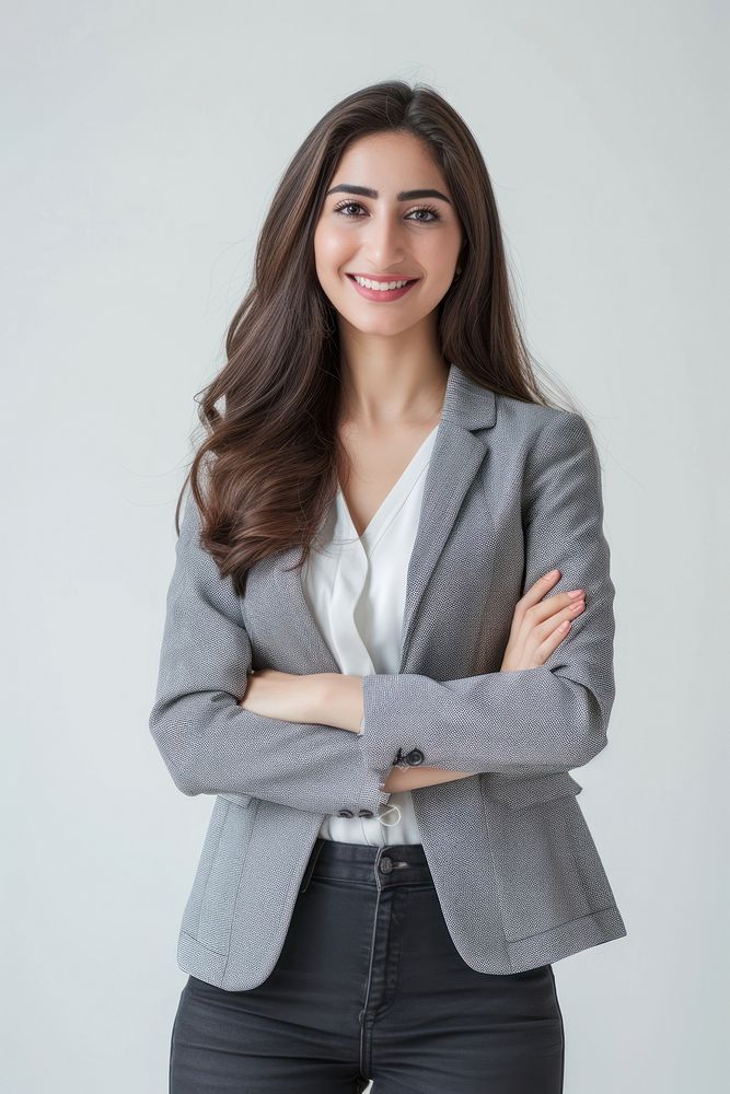 Iranian businesswoman professional smile blazer jacket white background.