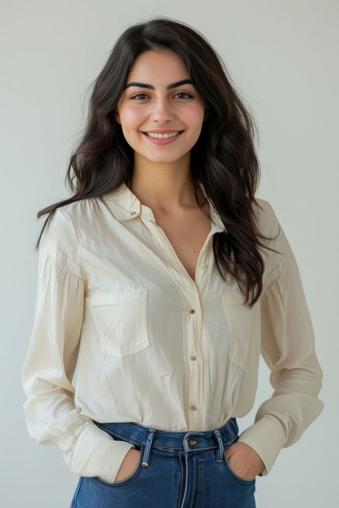 Iranian woman professional smile blouse shirt hairstyle.