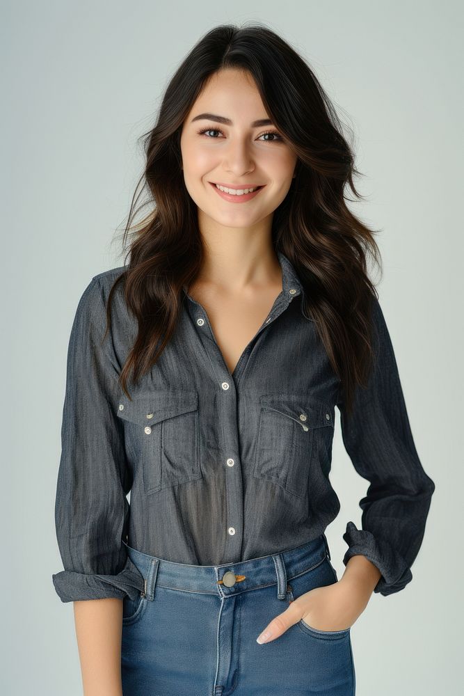 Iranian woman professional smile portrait blouse denim.