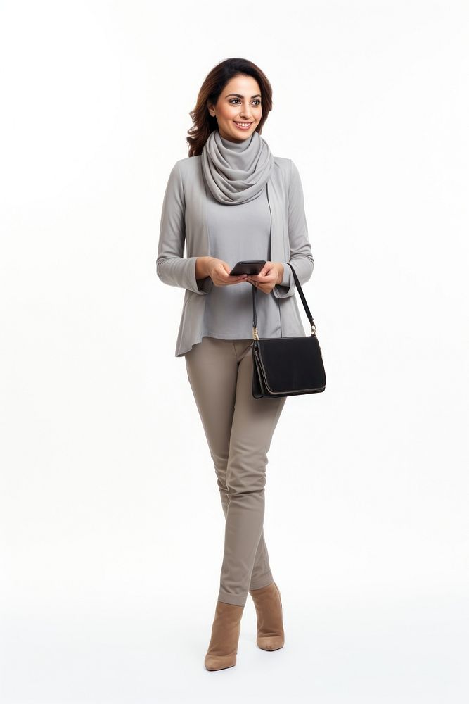 Iranian businesswoman using mobile phone sleeve scarf coat.