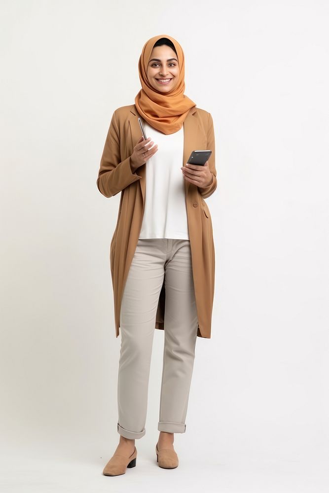Iranian businesswoman using mobile phone adult white background technology.