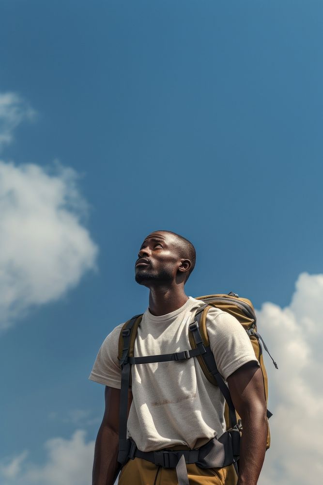 African african man hiking backpack sky outdoors.