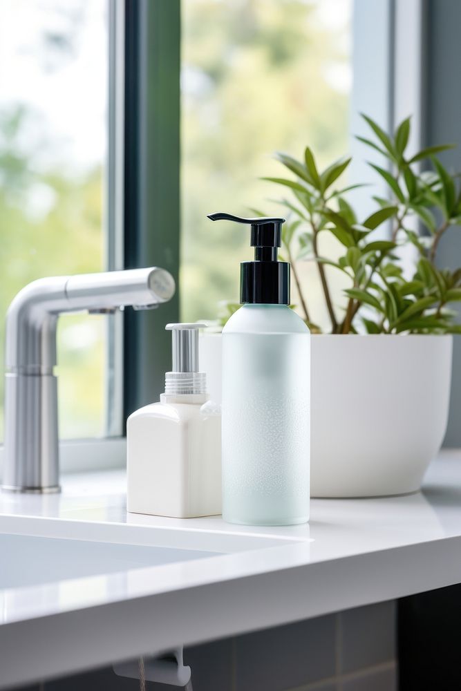 White cleaning product bottle in bathroom plant sink windowsill. AI generated Image by rawpixel.