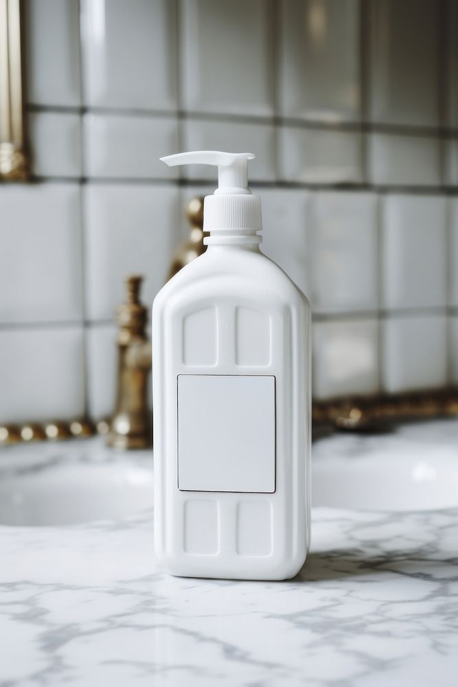 White cleaning product bottle in bathroom sink container flooring. AI generated Image by rawpixel.