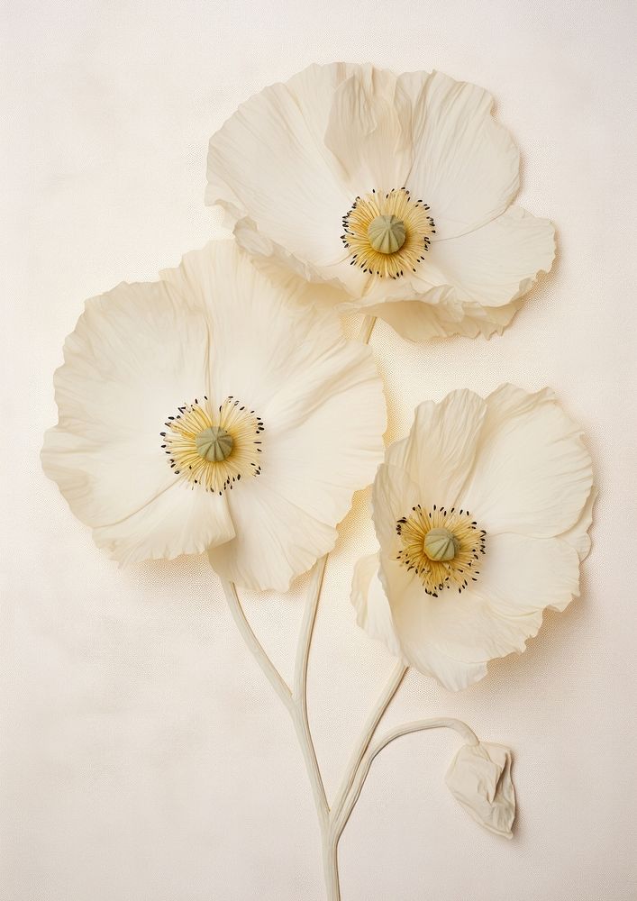 Real Pressed white poppy flowers petal plant inflorescence.