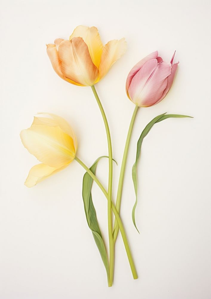 Real Pressed yellow and pink tulip flowers petal plant inflorescence.