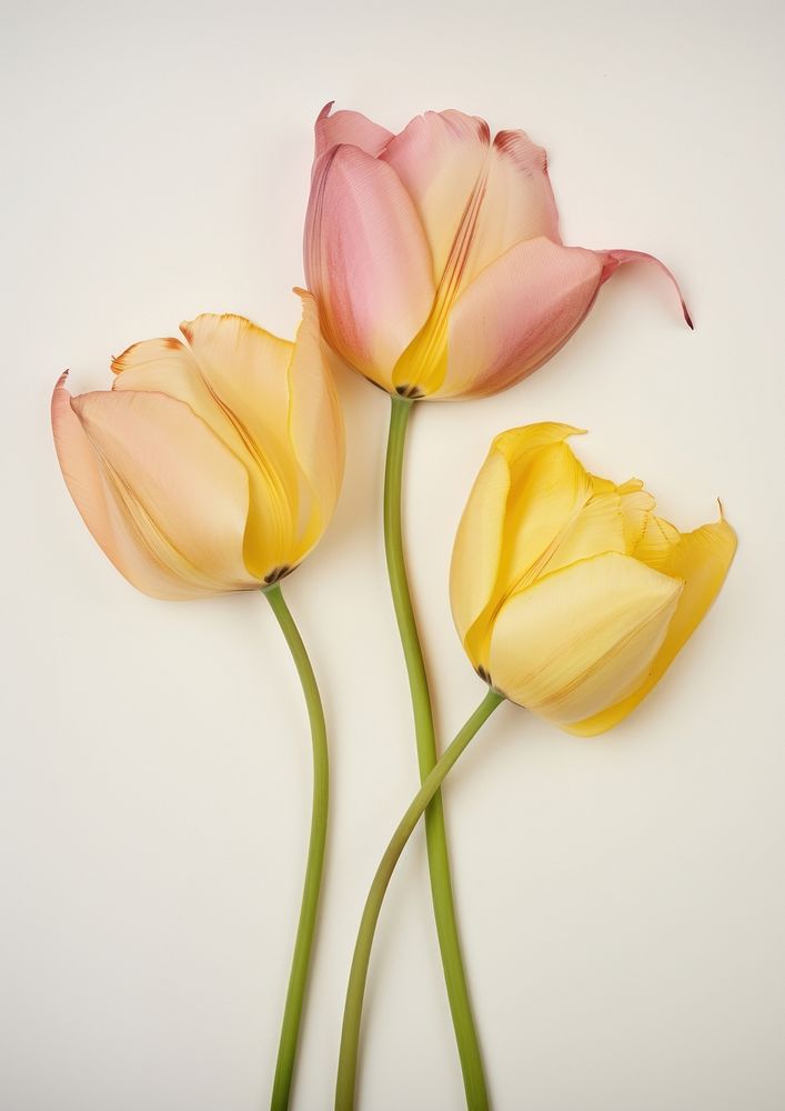 Real Pressed yellow and pink tulip flowers petal plant inflorescence.