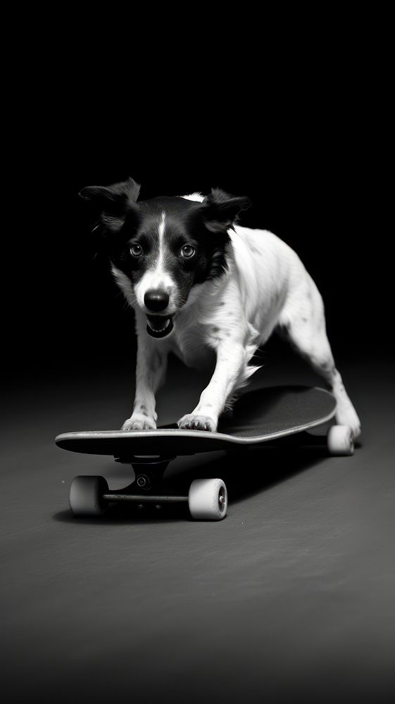 A dog riding skateboard mammal animal black.