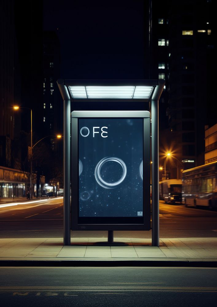 Street bus stop vertical billboard architecture outdoors night.