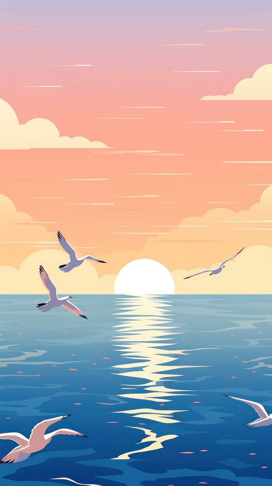 Birds flying sea sunlight.