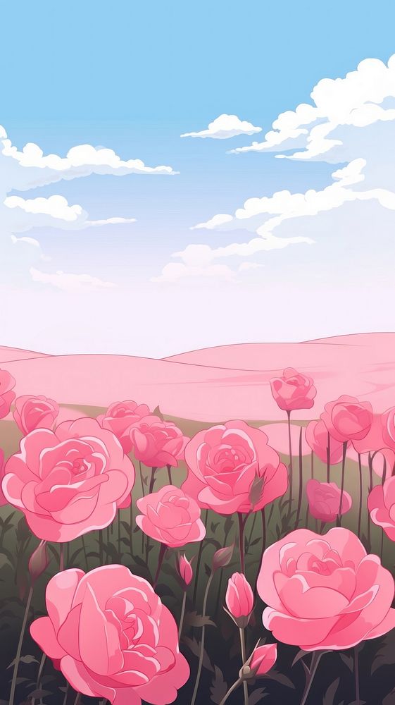 Pink roses and field landscape outdoors flower nature.