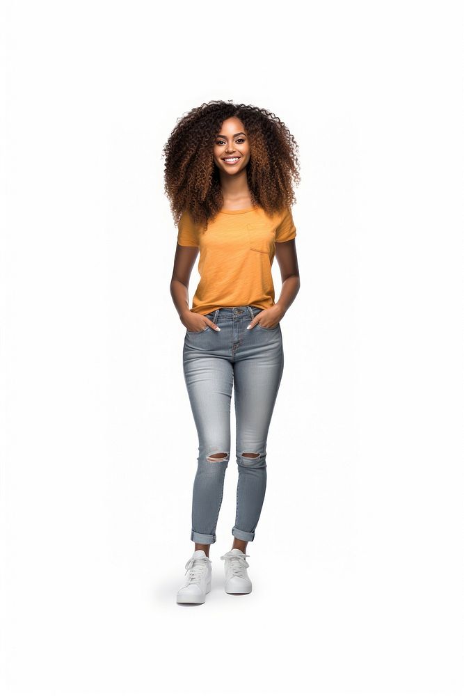 African woman long hair pocket jeans denim.