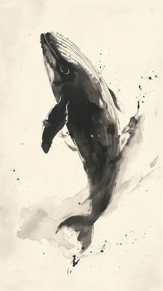 Ink painting minimal of whale drawing animal sketch.