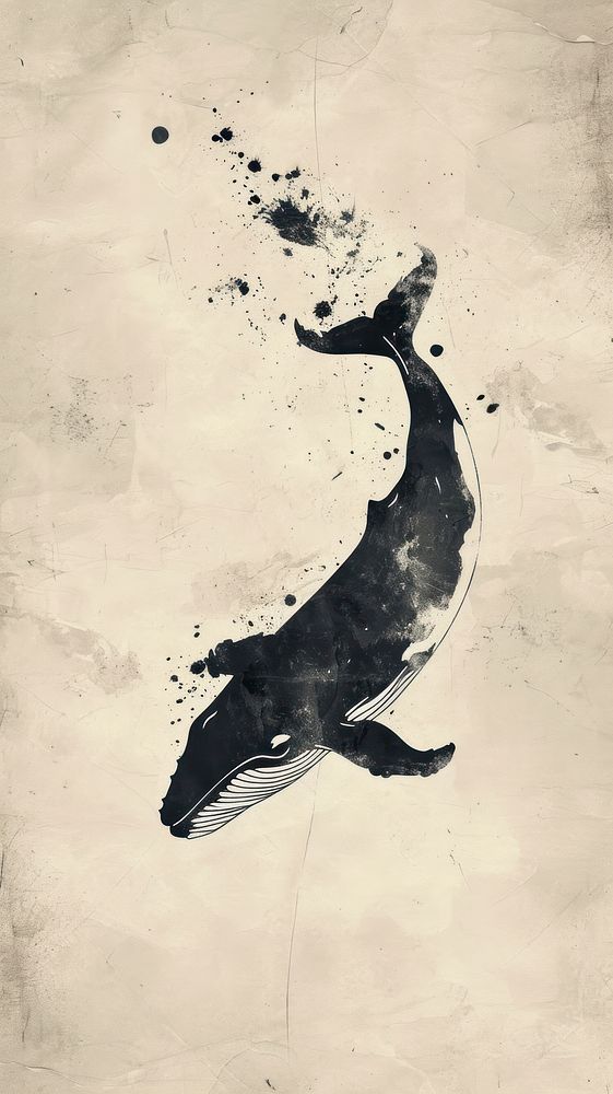 Ink painting minimal of whale animal paper calligraphy.