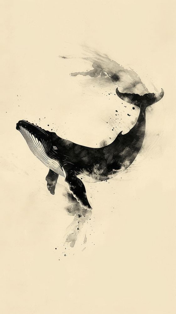 Ink painting minimal of whale animal calligraphy splattered.