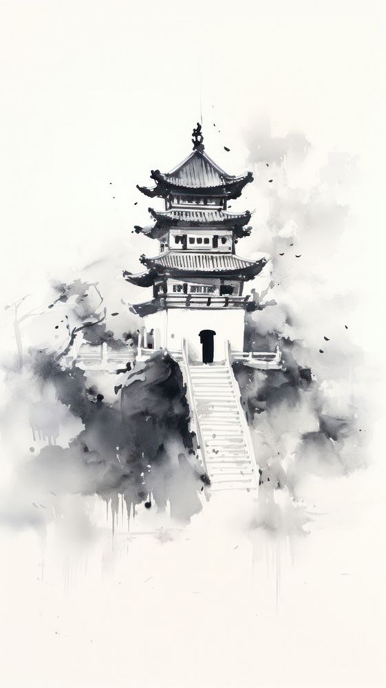 Ink painting minimal of architecture building pagoda temple.