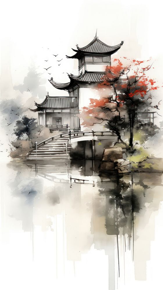 Ink painting minimal of architecture building outdoors pagoda.