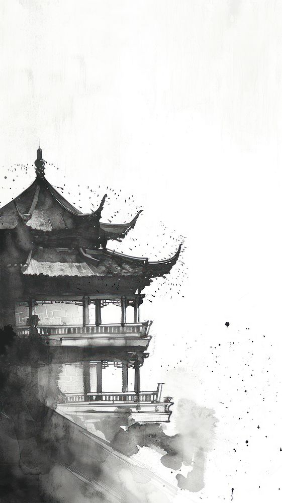 Ink painting minimal of architecture building drawing pagoda.