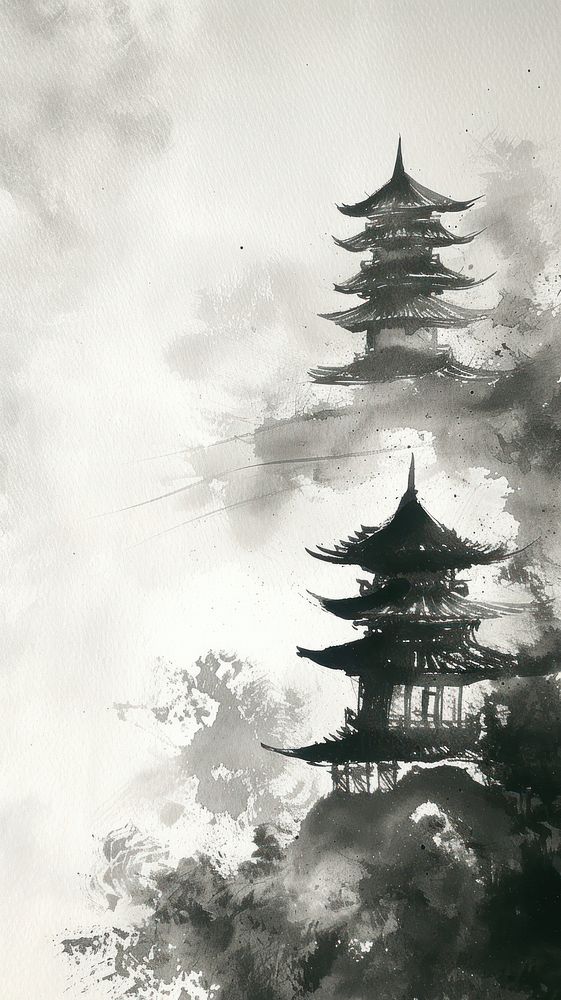 Ink painting minimal of architecture building outdoors pagoda.