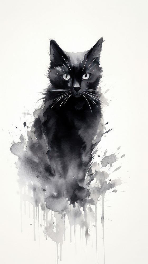 Ink painting minimal of black cat drawing animal mammal.