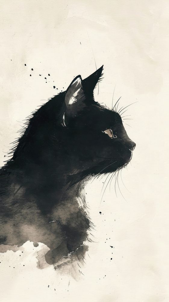 Ink painting minimal of black cat drawing animal mammal.