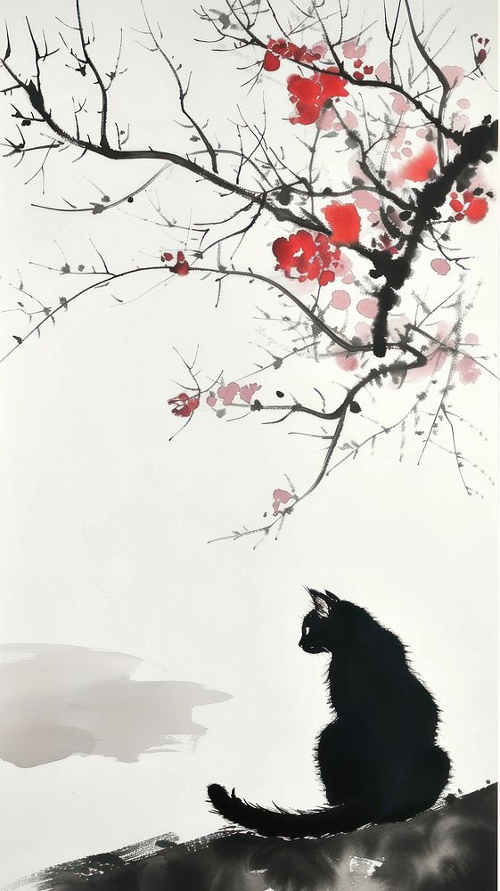 Ink painting minimal of black cat silhouette outdoors mammal.