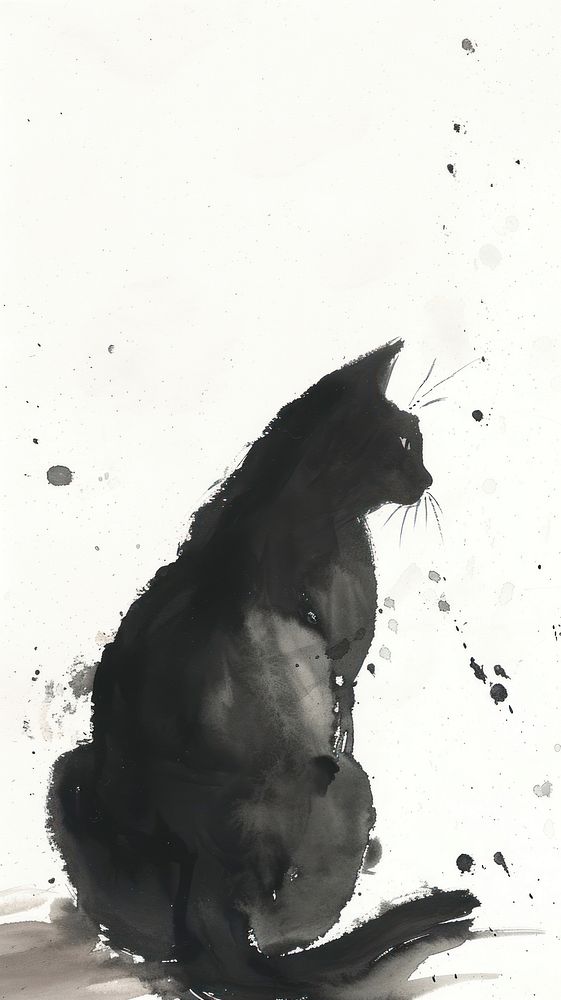 Ink painting minimal of black cat drawing mammal animal.