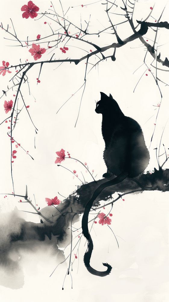 Ink painting minimal of black cat silhouette animal mammal.