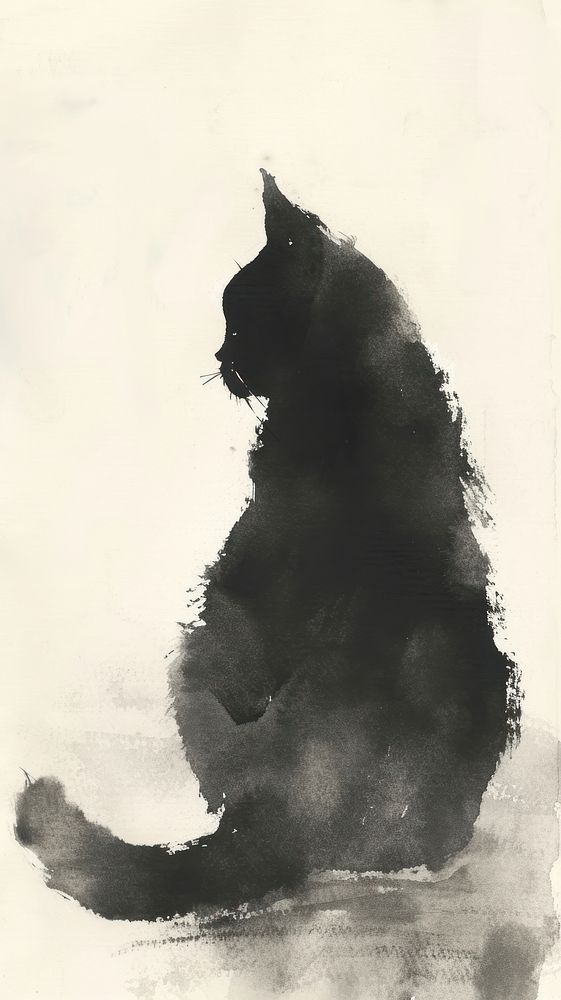Ink painting minimal of black cat silhouette mammal animal.