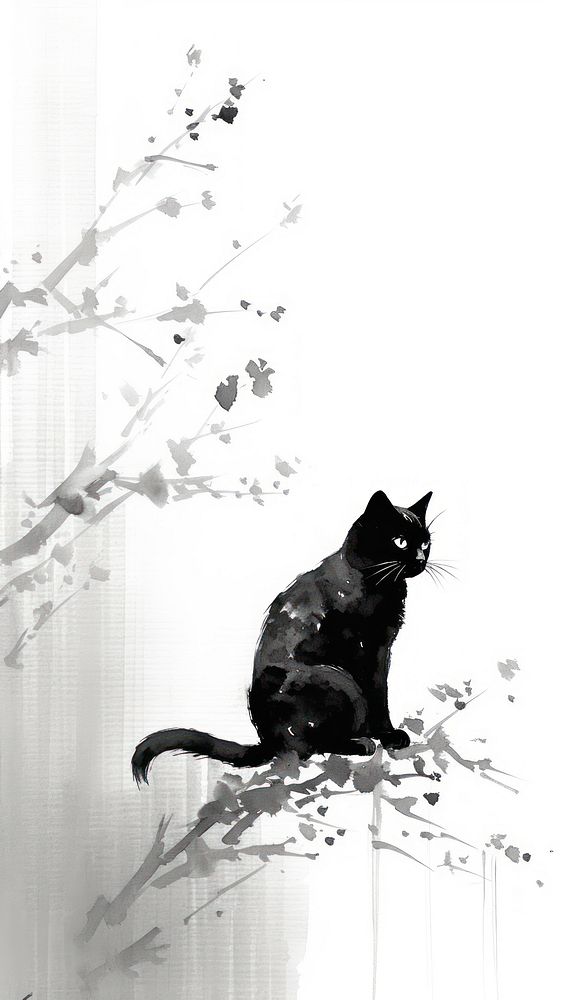 Ink painting minimal of black cat animal mammal white.