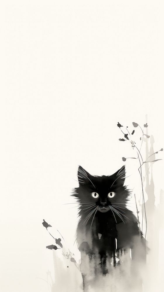 Ink painting minimal of black cat animal mammal white.