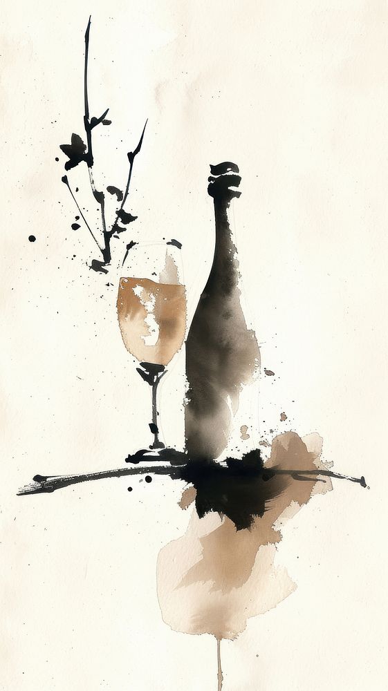 Ink painting minimal of champagne bottle glass paper.