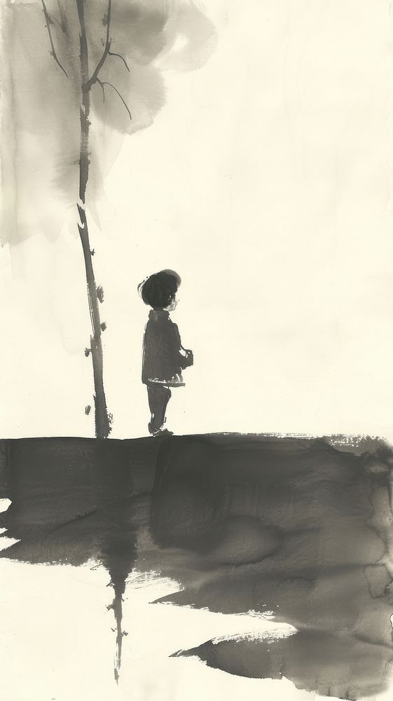 Ink painting minimal of children silhouette outdoors drawing.