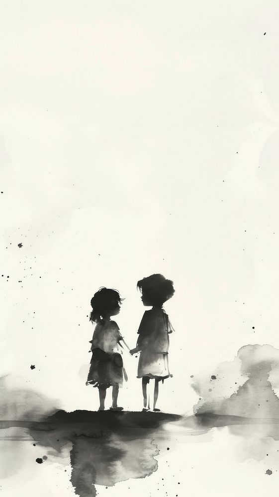Ink painting minimal of children silhouette togetherness photography.